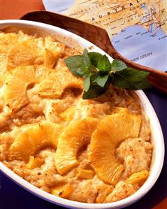 Rice pudding with pineapple and lemon balm