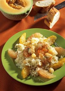 Sauerkraut salad with shrimps, oranges, grapefruit & melon