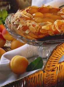 Apricot gateau with almond border on cake stand