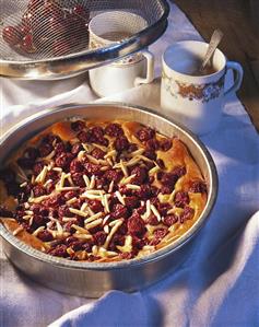 Cherry tart with slivered almonds in baking tin