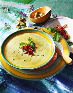 Herb cream soup with salami strips in soup plate