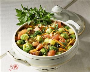 Brussels sprout & vegetable stew with smoked pork rib in tureen