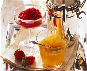 Strawberry & cranberry sorbet and mango sorbet in glasses (1)