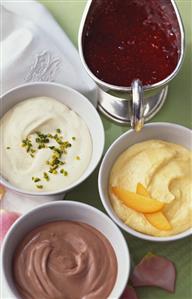 Vanilla mousse & variations (chocolate, apricot); fruit sauce