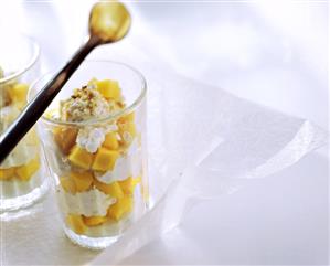 Lemon and mango quark with oats flakes