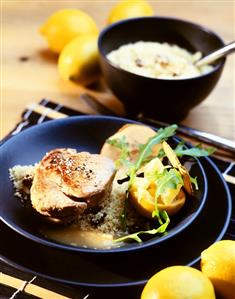 Veal tournedos with couscous and spicy lemon sauce