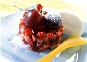 Berry tower and Crème Bavarois on dessert plate