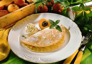 Pancakes with peach & apricot filling & pistachio cream