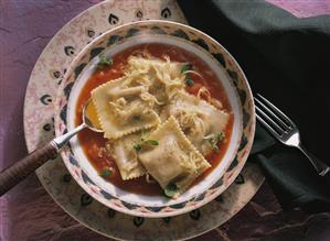 Tomato soup with filled pasta squares