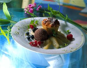 Pear souffle with chocolate ice cream, fruit & Williams sabayon