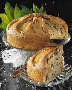 Pear and chocolate cake, a piece cut