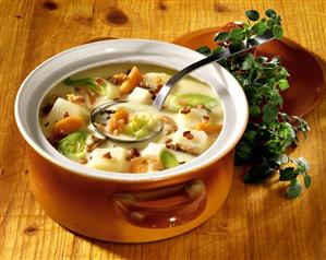 Prague potato soup: vegetables, bacon, mushrooms & marjoram