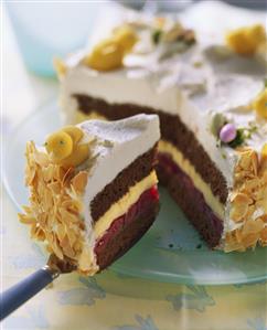 Easter cake with marzipan chickens