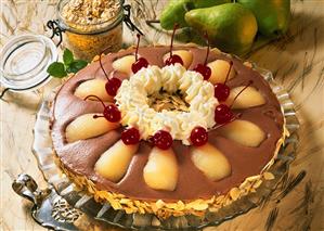 Pear Helene gateau with chocolate mousse & cherries