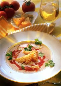 Chilled tomato & buttermilk soup with toast triangles