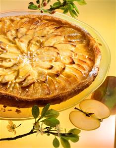 Apple tart in puff pastry on glass plate