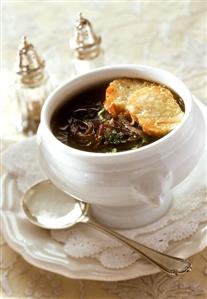 Onion soup with toasted slices of bread