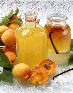 Home-made apricot liqueur with ingredients