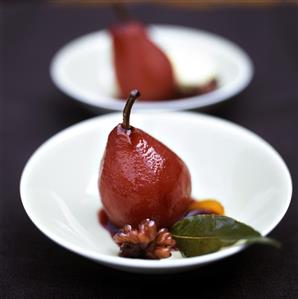 Poached red wine pear