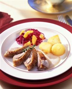 Duck, red cabbage with oranges & caramelised potatoes