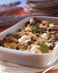 Plum crumble in a baking dish