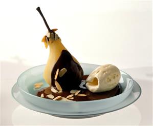 Pear Helene (pear with chocolate sauce and vanilla ice cream)