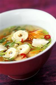 Hot and sour soup with vegetables and omelette strips