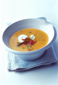 Potato soup with salmon caviare and crème fraiche