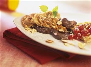 Chocolate & nut waffles with chocolate mousse & redcurrants