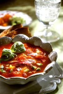 Cold vegetable soup (Gazpacho) with fish