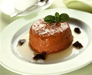 Chocolate plum flan with mint