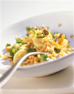 Lentil salad with potatoes and dried apricots