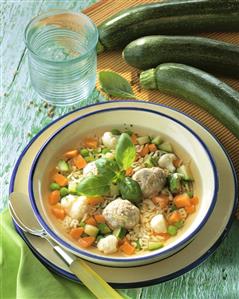 Alphabet spaghetti soup with vegetables & marrow dumplings