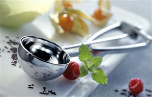 Still life with ice cream scoop, fruit & chocolate flakes