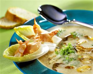 Cream of mushroom soup with button & oyster mushrooms & shrimps