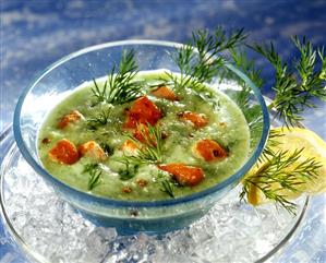 Chilled cucumber soup with fried salmon and dill