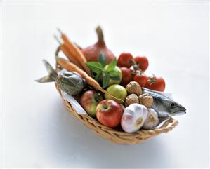 A basket of mackerel, fruit, vegetables & nuts (1)