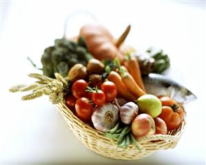 A basket of mackerel, fruit, vegetables and nuts (2)