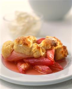 Rhubarb compote with ducat rolls; cream in background