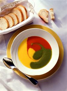 Red, yellow and green pepper soup in a plate (2)