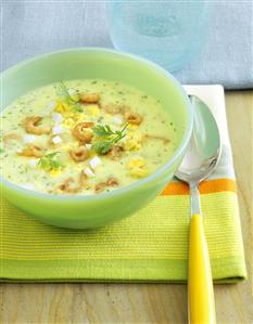 Chervil soup with shrimps and egg