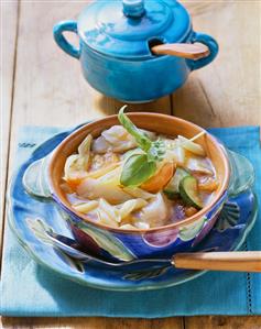 Minestrone with cod fillet and noodles