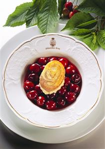 Marbled semolina soufflé on cherries