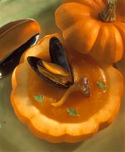 Pumpkin soup with mussels and mushrooms in pumpkin