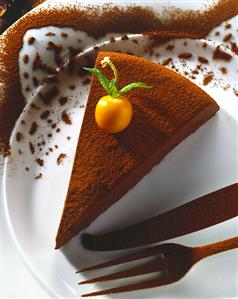 A piece of chocolate cake with physalis