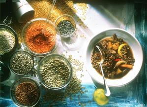 Arabic lentil soup and bowls of many types of lentils