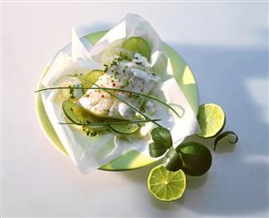 Steamed cod fillet on limes with cream fraiche