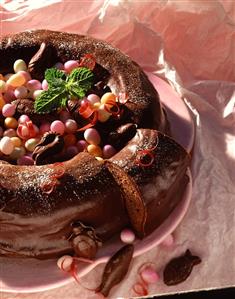 Chocolate wreath with coloured sugar eggs for Easter, France