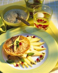 Mango wedges with small crepe and vanilla and mango mousse