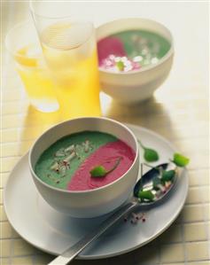 Two soups in one bowl: beetroot and watercress